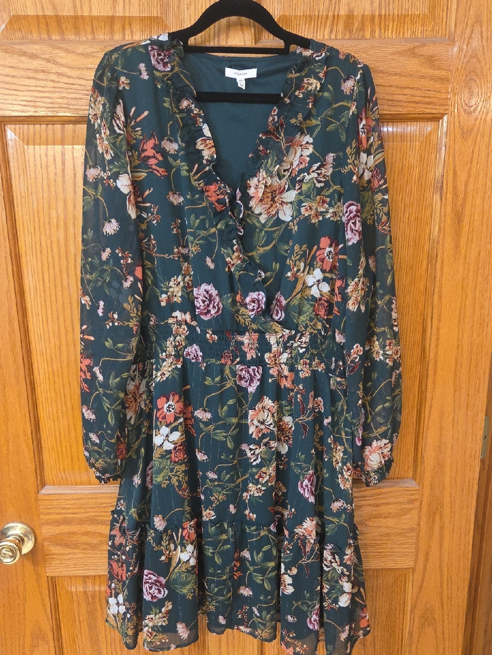 Maurices Dark Green Floral Ruffle V-Neck Long Sleeve Dress